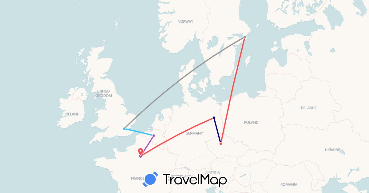 TravelMap itinerary: driving, plane, train, hiking, boat in Belgium, Czech Republic, Germany, France, United Kingdom, Sweden (Europe)